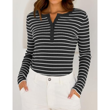ZESICA Long Sleeve Striped V Neck Shirt for Women