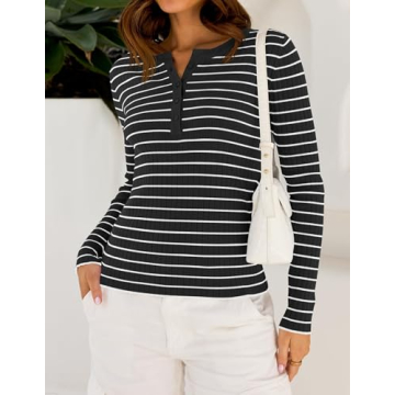 ZESICA Long Sleeve Striped V Neck Shirt for Women