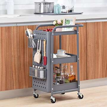 KINGRACK 3-Tier Rolling Cart, Metal Utility Cart with Pegboard, Storage Trolley Organizer Serving Cart with Handle and Extra Baskets Hooks for Kitchen Office Teacher Classroom, Grey
