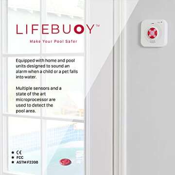 lifebuoy Pool Alarm System - Pool Motion Sensor with Advanced Algorithm - Smart Pool Alarm That is Application Controlled. Powerful Sirens Blare at Poolside and Indoors