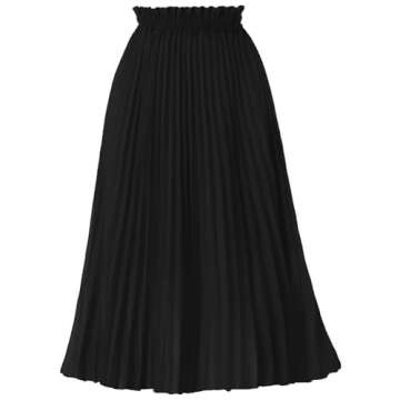 GOOBGS Women's Pleated A-Line High Waist Swing Flare Midi Skirt Black Small/Medium