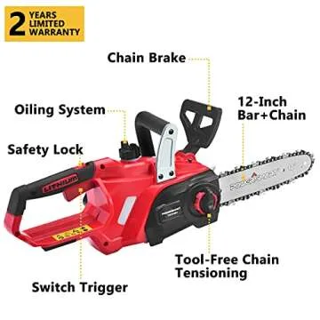 PowerSmart 12 Inch Electric Chainsaw, Battery Powered Cordless Chain Saw With Chain and Bar, Brushless Chainsaw with 20V 4Ah Battery And Fast Charger Included For Wood Cutting