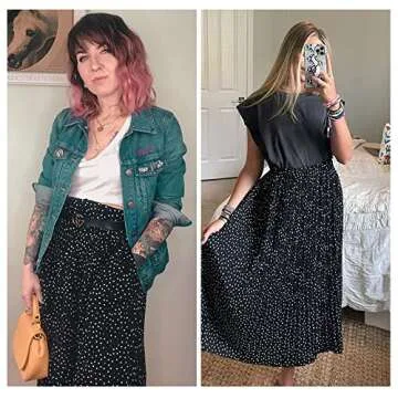 Exlura Womens High Waist Polka Dot Pleated Skirt Midi Swing Skirt with Pockets Black Large