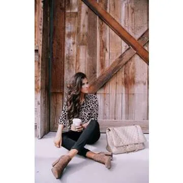 ECOWISH Womens Blouses Button Down Long Sleeve Shirt Casual Printed V Neck Tops 229Khaki M