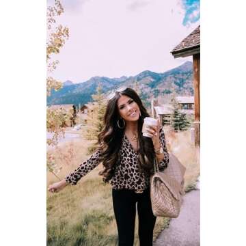 ECOWISH Womens Blouses Button Down Long Sleeve Shirt Casual Printed V Neck Tops 229Khaki M