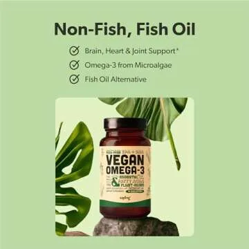 Vegan Omega 3 Supplement - Plant Based DHA & EPA Fatty Acids - Carrageenan Free, Alternative to Fish Oil, Supports Heart, Brain, Joint Health - Sustainably Sourced Algae - 60 Softgels