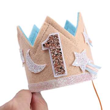 WAHAWU Baby Girl 1st Birthday Crown - Glitter First Birthday Hat, Moon and Stars Crown, Party Photo Prop, 1st Birthday Girl Gifts, Backdrop Cake Smash