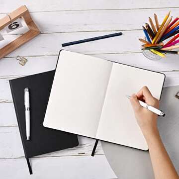 Dotted Journal/Notebook - Dot Grid Hard Cover Notebook, Premium Thick Paper with Fine Inner Pocket, Black Smooth Faux Leather, Pen Loop, 5.3''×8.26'' - Black