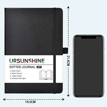 Dotted Journal/Notebook - Dot Grid Hard Cover Notebook, Premium Thick Paper with Fine Inner Pocket, Black Smooth Faux Leather, Pen Loop, 5.3''×8.26'' - Black