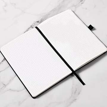 Dotted Journal/Notebook - Dot Grid Hard Cover Notebook, Premium Thick Paper with Fine Inner Pocket, Black Smooth Faux Leather, Pen Loop, 5.3''×8.26'' - Black