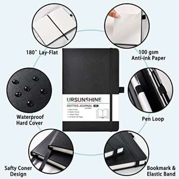 Dotted Journal/Notebook - Dot Grid Hard Cover Notebook, Premium Thick Paper with Fine Inner Pocket, Black Smooth Faux Leather, Pen Loop, 5.3''×8.26'' - Black