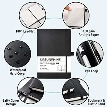 Dotted Journal/Notebook - Dot Grid Hard Cover Notebook, Premium Thick Paper with Fine Inner Pocket, Black Smooth Faux Leather, Pen Loop, 5.3''×8.26'' - Black