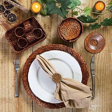 Fall Napkin Rings Set of 6, Vintage Napkin Ring for Table Setting, Handmade Wood Serviette Rings Holder for Wedding, Thanksgiving, Farmhouse, Party, Outdoor Dinner, Table Decor (Rattan Circle)