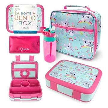 kinsho Bento Lunch Box with Water Bottle, Insulated Bag & Ice Pack Set for Kids Toddlers Girls, 4 Po...