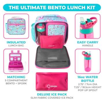 kinsho Bento Lunch Box with Water Bottle, Insulated Bag & Ice Pack Set for Kids Toddlers Girls, 4 Portion Sections, Removable Tray, Pre-School Kid Toddler Daycare Lunches, Snack Container, Pink Koala