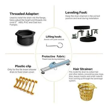 Neodrain 36-Inch Gold Linear Shower Drain, 2-in-1 Flat & Tile Insert Cover, Stainless Steel Linear Drain, Brushed Brass Rectangle Shower Floor Drain with Hair Strainer, Watermark&CUPC Certified