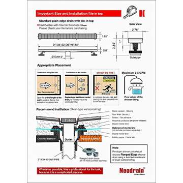 Neodrain 36-Inch Gold Linear Shower Drain, 2-in-1 Flat & Tile Insert Cover, Stainless Steel Linear Drain, Brushed Brass Rectangle Shower Floor Drain with Hair Strainer, Watermark&CUPC Certified
