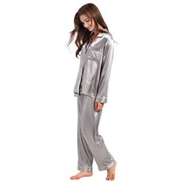 Tony & Candice Women's Classic Satin Pajama Set Sleepwear Loungewear (Gray with White Piping, Small)