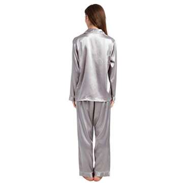 Tony & Candice Women's Classic Satin Pajama Set Sleepwear Loungewear (Gray with White Piping, Small)