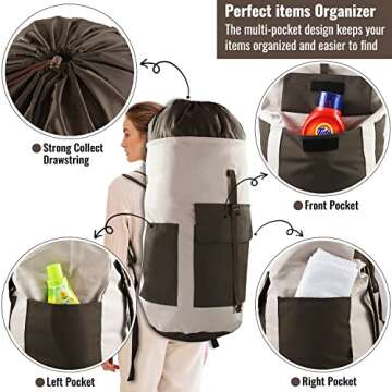 JOINPRO Laundry Bag Backpack, 125L Extra Large Travel Laundry Bags with Shoulder Straps, Adjustable & Extendable Design, Laundry Hamper Bag with 3 Pockets for Laundromat, College, Travel, Camping
