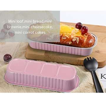 Findful Mini Loaf Baking Pans with Lids And Spoons (50 Pack, 6.8oz) Rectangle Aluminum Foil Baking Pans Tins Containers - Cupcake Containers Wrappers Cheesecake Creme Brulee Ramekins