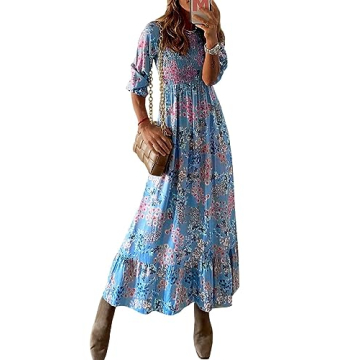 miduo Womens Fashion Smocked Crewneck Long Sleeve High Waist Flower Pattern Maxi Long Dresses Prom G...