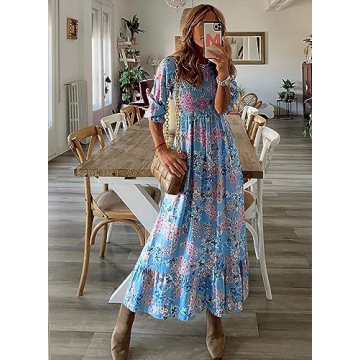 miduo Womens Fashion Smocked Crewneck Long Sleeve High Waist Flower Pattern Maxi Long Dresses Prom Garden Dresses XL