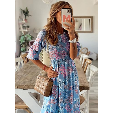 miduo Womens Fashion Smocked Crewneck Long Sleeve High Waist Flower Pattern Maxi Long Dresses Prom Garden Dresses XL