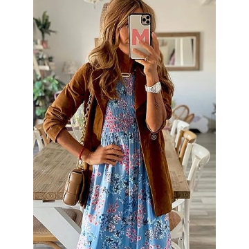 miduo Womens Fashion Smocked Crewneck Long Sleeve High Waist Flower Pattern Maxi Long Dresses Prom Garden Dresses XL