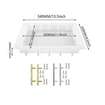 Resin Tray Molds Silicone, 13.5" Large Rectangle Deep Tray Resin Mold & Gold and Silver Handle, Shin...