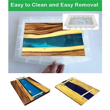 Resin Tray Molds Silicone, 13.5" Large Rectangle Deep Tray Resin Mold & Gold and Silver Handle, Shiny Silicone Tray Board Table Mold for Resin, Floral Preservation Bouquet Resin Mold