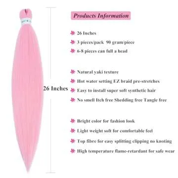 Gorgeous Pastel Light Pink Pre Stretched Braiding Hair Extensions by UPruyo - 3 Packs 26 Inch Yaki T...