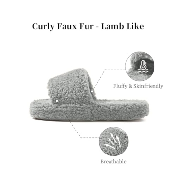 posee Fuzzy Memory Foam Slippers for Women, Fluffy Open Toe Slippers Curly Fur Cozy Flat Spa Slide Slippers Comfy Soft Non-Slip House Shoes Indoor and Outdoor, Warm Gift