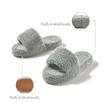 posee Fuzzy Memory Foam Slippers for Women, Fluffy Open Toe Slippers Curly Fur Cozy Flat Spa Slide Slippers Comfy Soft Non-Slip House Shoes Indoor and Outdoor, Warm Gift