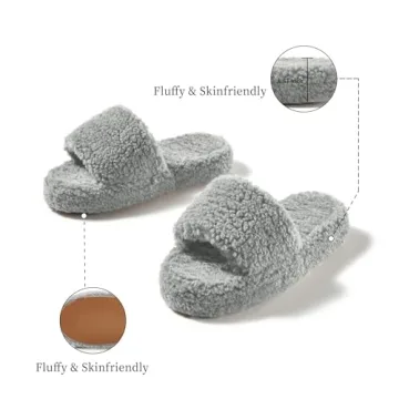 posee Fuzzy Memory Foam Slippers for Women, Fluffy Open Toe Slippers Curly Fur Cozy Flat Spa Slide Slippers Comfy Soft Non-Slip House Shoes Indoor and Outdoor, Warm Gift