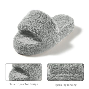 posee Fuzzy Memory Foam Slippers for Women, Fluffy Open Toe Slippers Curly Fur Cozy Flat Spa Slide Slippers Comfy Soft Non-Slip House Shoes Indoor and Outdoor, Warm Gift