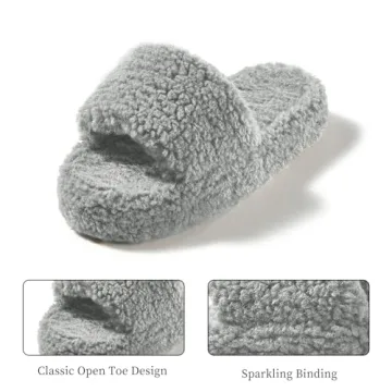 posee Fuzzy Memory Foam Slippers for Women, Fluffy Open Toe Slippers Curly Fur Cozy Flat Spa Slide Slippers Comfy Soft Non-Slip House Shoes Indoor and Outdoor, Warm Gift