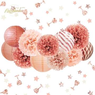NICROLANDEE Rose Gold Party Decorations -12PCS Elegant Party Supplies Tissue Pom Poms Paper Lantern ...