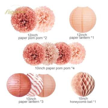 NICROLANDEE Rose Gold Party Decorations -12PCS Elegant Party Supplies Tissue Pom Poms Paper Lantern Glitter Confetti 30G for Valentines Wedding Bridal Shower Birthday Bachelorette Party Decorations