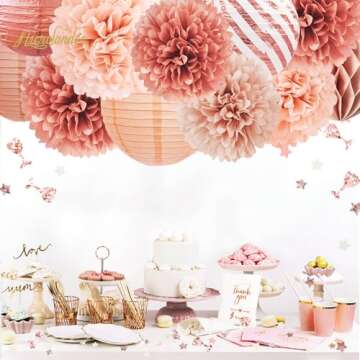 NICROLANDEE Rose Gold Party Decorations -12PCS Elegant Party Supplies Tissue Pom Poms Paper Lantern Glitter Confetti 30G for Valentines Wedding Bridal Shower Birthday Bachelorette Party Decorations