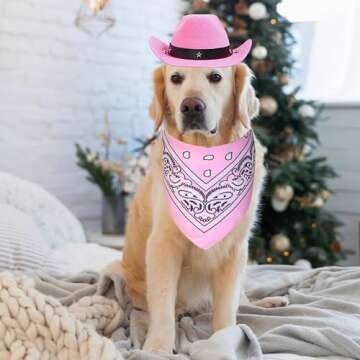 GOYOSWA Dog Halloween Costumes, Dog Cowboy Costume Halloween Dog Cowboy Hat Halloween Dog Bandana Scarf Funny Dog Halloween Costumes for Small Medium Large Dogs Pets (Pink Hat & Pink Bandana, Large)