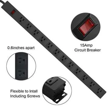 Metal Wall Mount Power Strip, Mountable Power Outlet with 12 AC Outlets, Aluminum Alloy Mount Power Socket with Switch, 6 FT SJT 3/C 14AWG Power Cord, 15A 125V 1875W (12AC) Black
