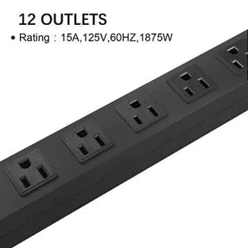 Metal Wall Mount Power Strip, Mountable Power Outlet with 12 AC Outlets, Aluminum Alloy Mount Power Socket with Switch, 6 FT SJT 3/C 14AWG Power Cord, 15A 125V 1875W (12AC) Black