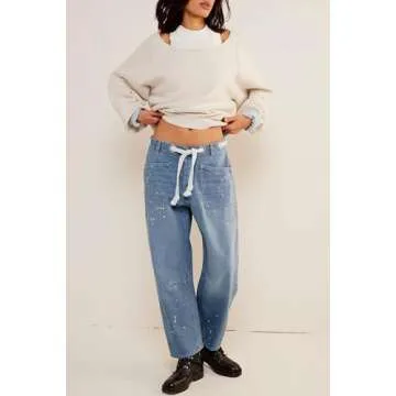 Cicy Bell Womens Baggy Barrel Horseshoe Jeans Wide Leg Drawstring Vintage Denim Pants with Front Pockets Light Blue