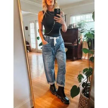 Cicy Bell Womens Baggy Barrel Horseshoe Jeans Wide Leg Drawstring Vintage Denim Pants with Front Pockets Light Blue