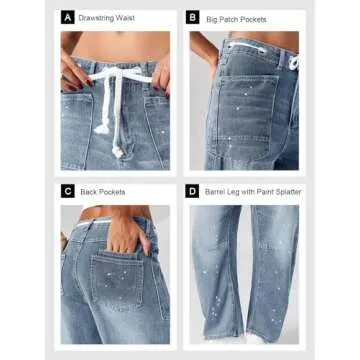 Cicy Bell Womens Baggy Barrel Horseshoe Jeans Wide Leg Drawstring Vintage Denim Pants with Front Pockets Light Blue
