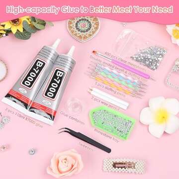 2 x 110ML B7000 Rhinestone Glue with Clear Rhinestone Kit, B-7000 Glue with Flatback Gems Crystal Rh...