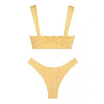 seamoly Gingham Ruched Bowknot Decor Cheeky Bikini Set, Yellow, M