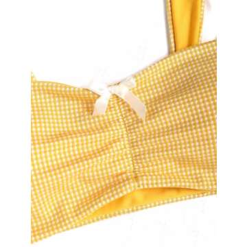 seamoly Gingham Ruched Bowknot Decor Cheeky Bikini Set, Yellow, M