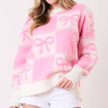 Qmlyev Women Y2K Fall Sweater Cute Bow Print Long Sleeve Cable Knit Pullover Casual Oversized Jumper...